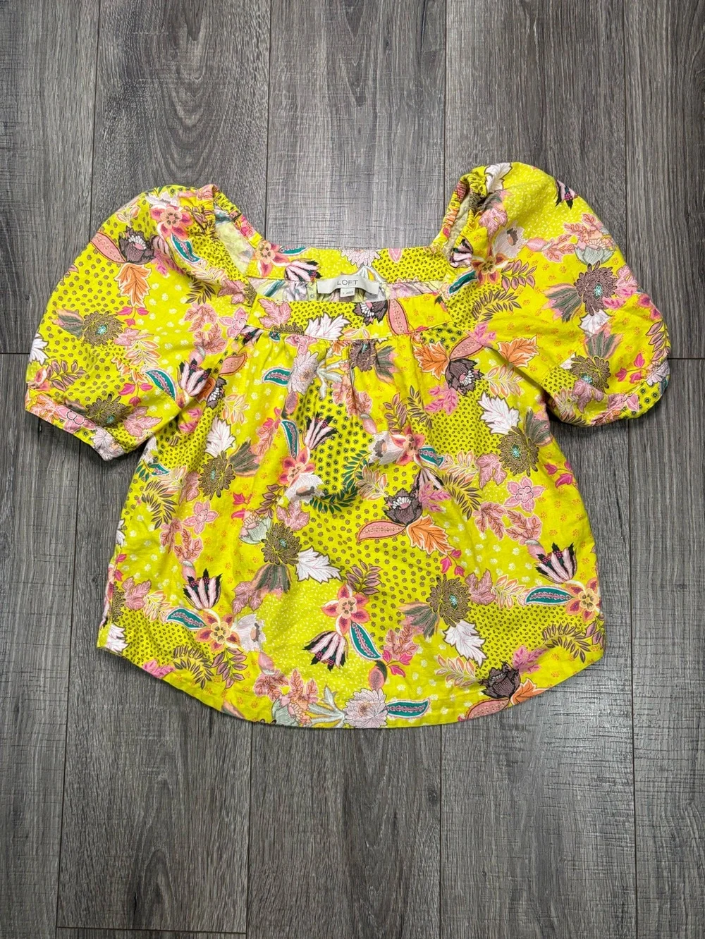 LOFT Women’s Small Yellow Multicolor Floral Puff Sleeve Blouse